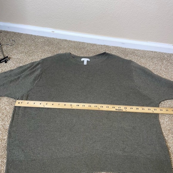Leith sweater olive green 3/4 sleeve knit loose fit boxy cotton wool blend SZ SM - Picture 5 of 11